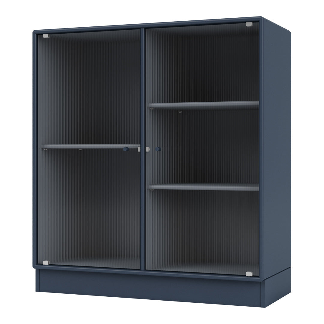 Dark blue ribbed cabinet with transparent glass doors and sleek gray shelves. Modern and stylish storage solution.