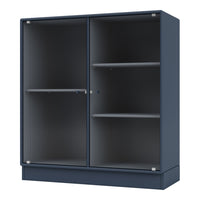Dark blue ribbed cabinet with transparent glass doors and sleek gray shelves. Modern and stylish storage solution.