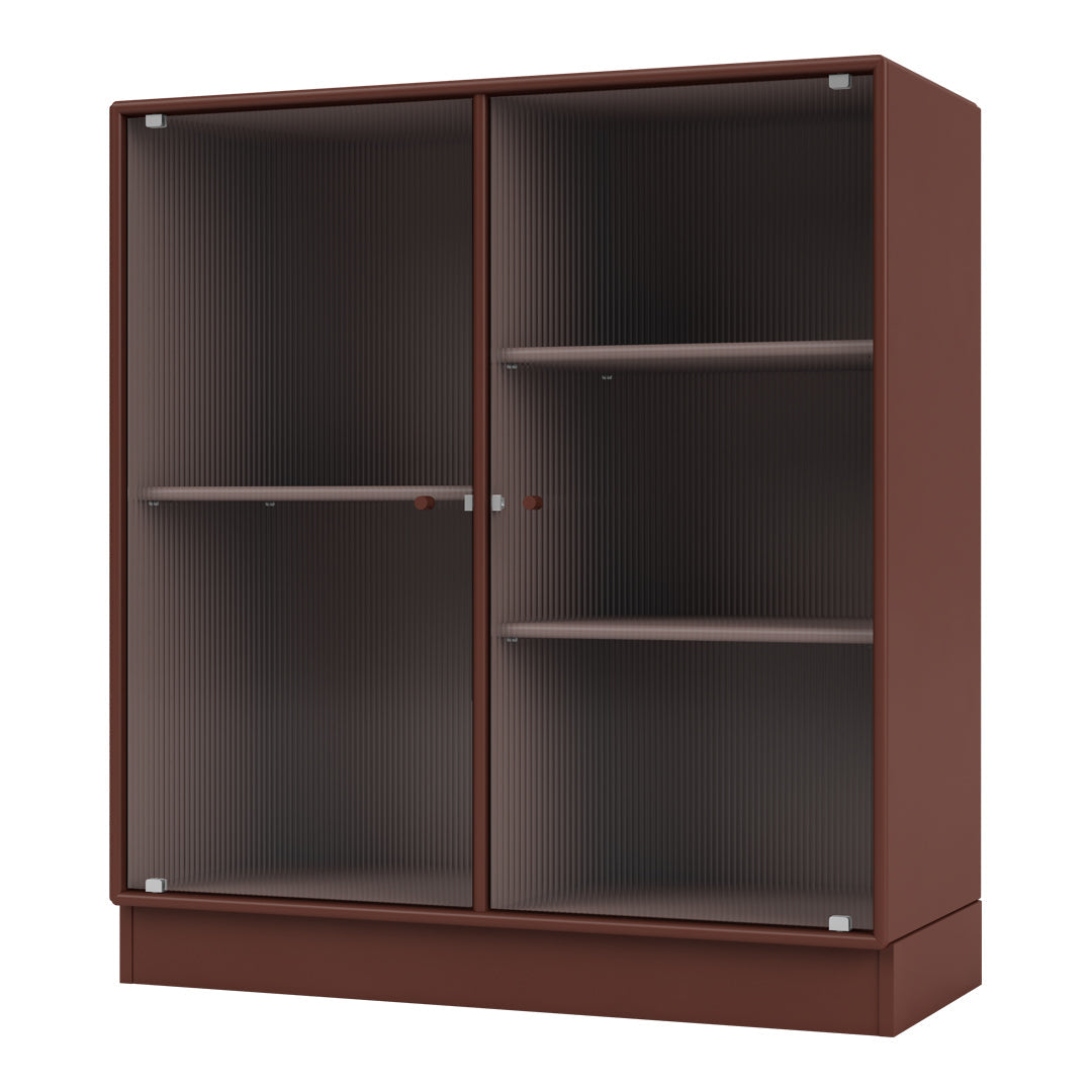 Brown ribbed cabinet with clear glass doors and sleek metal accents, perfect for modern storage solutions.