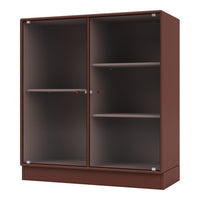 Brown ribbed cabinet with clear glass doors and sleek metal accents, perfect for modern storage solutions.