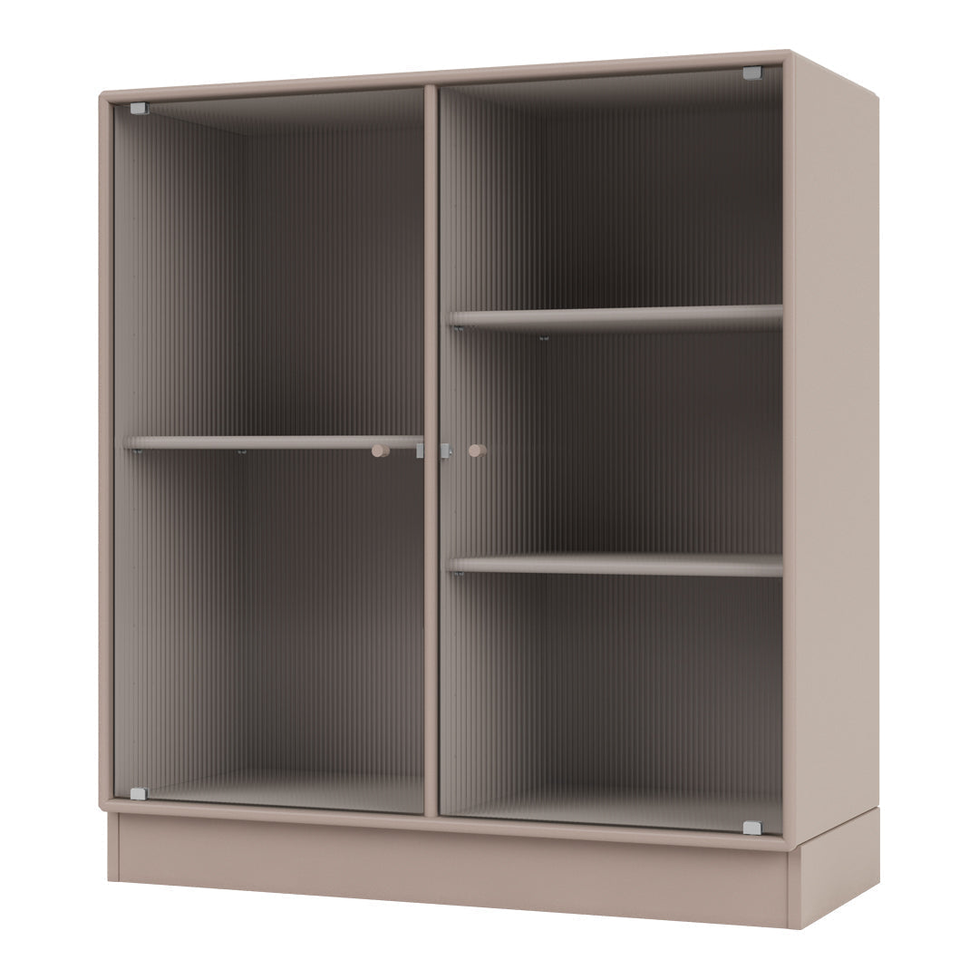 Beige ribbed cabinet with smooth, light-colored shelves, offering a stylish and modern design for any space.