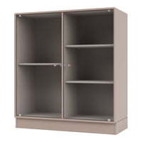 Beige ribbed cabinet with smooth, light-colored shelves, offering a stylish and modern design for any space.