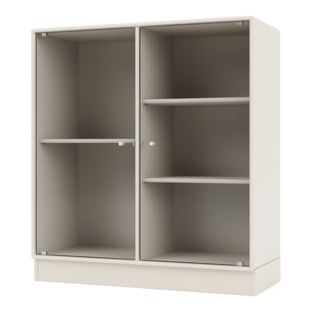 Cream-colored cabinet with ribbed texture and smooth gray shelves. Modern and minimalist design for versatile storage.