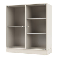 Cream-colored cabinet with ribbed texture and smooth gray shelves. Modern and minimalist design for versatile storage.