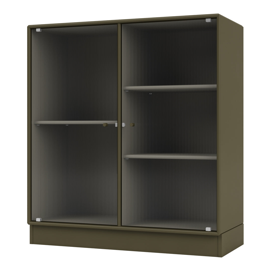 Olive green cabinet with ribbed glass doors and clean interior shelves, perfect for modern storage solutions.