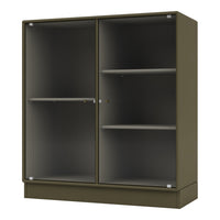 Olive green cabinet with ribbed glass doors and clean interior shelves, perfect for modern storage solutions.