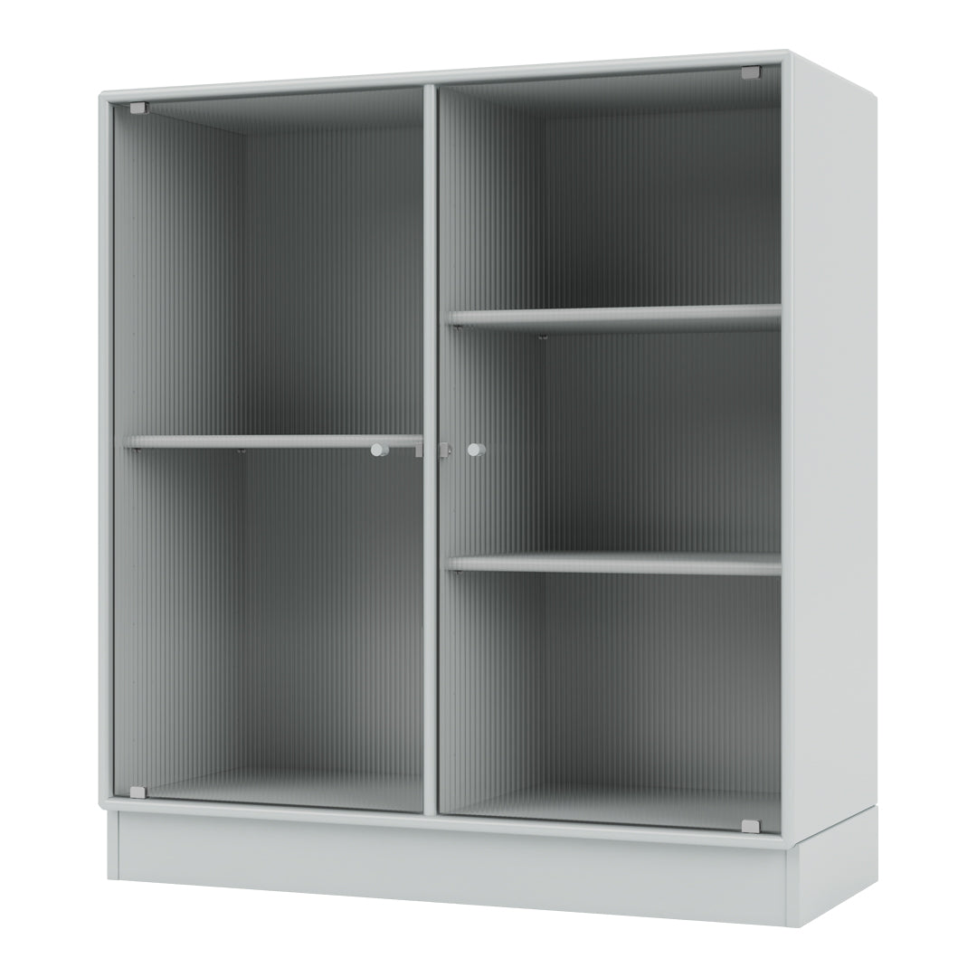 Gray ribbed storage cabinet with a sleek contemporary design and open shelving. Ideal for modern interiors.