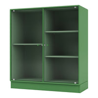Green ribbed cabinet with a sleek finish and two glass doors, featuring three open shelves for stylish storage.