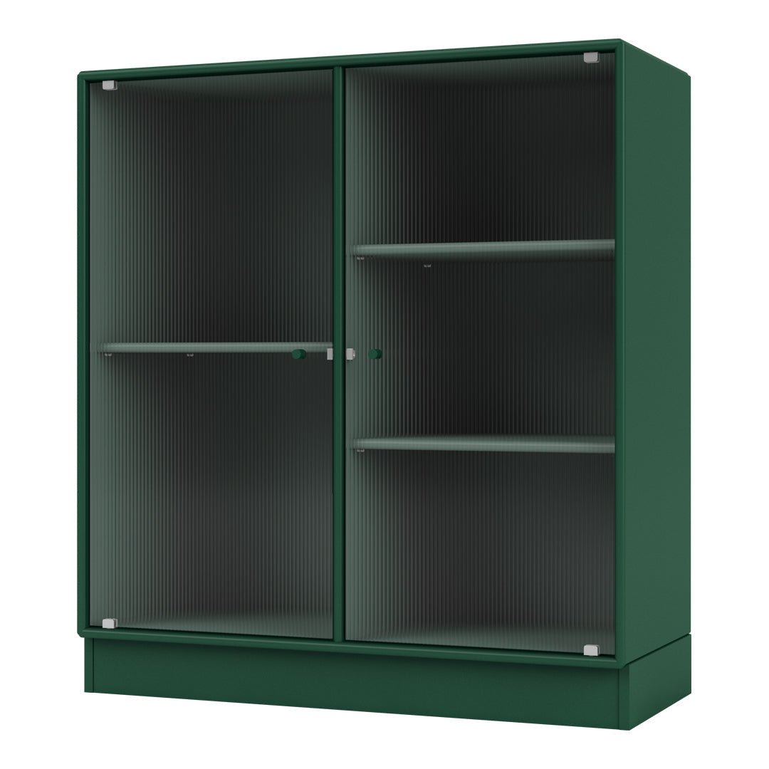 Green ribbed glass cabinet with a sleek finish and two shelves, perfect for modern decor.
