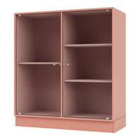 Coral pink cabinet with vertical ribbed texture and clear glass shelves. Modern and stylish storage solution.