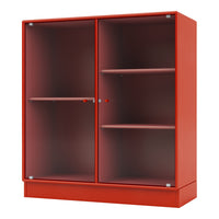 Vibrant red cabinet with ribbed pattern and glass doors, featuring sleek shelves for stylish storage.