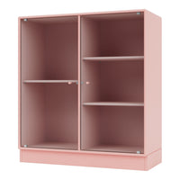 Pink ribbed cabinet with a sleek design and spacious interior shelves. Perfect for modern home decor.