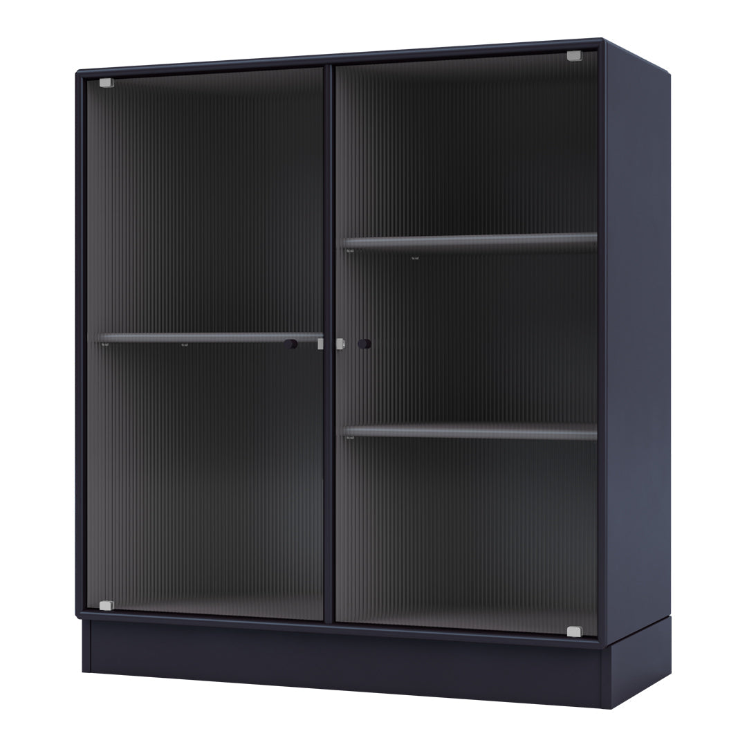 Black cabinet with ribbed glass doors and sleek lines, featuring a modern minimalist design.