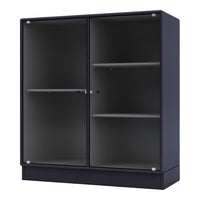 Black cabinet with ribbed glass doors and sleek lines, featuring a modern minimalist design.
