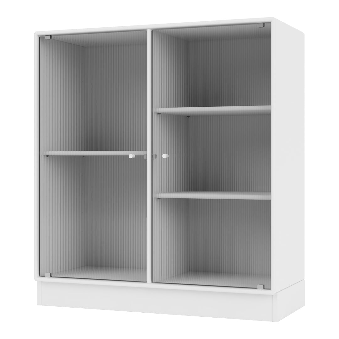White cabinet with vertical ribbed pattern and grey interior, featuring two doors and multiple shelves.