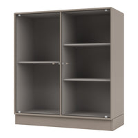 Beige storage cabinet with ribbed texture and glass doors, featuring two adjustable shelves for versatile display options.