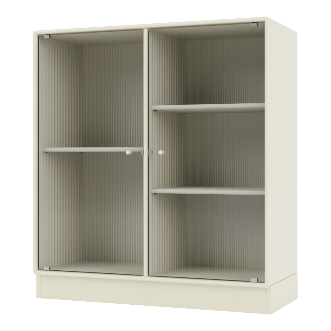 Cream-colored storage cabinet with vertical ribbed pattern and sleek metallic accents, offering a modern design.