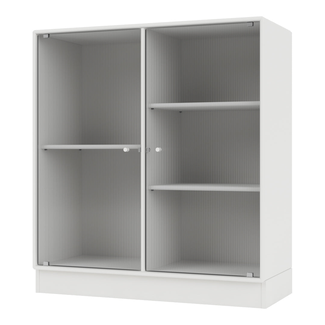 White cabinet with vertical ridged pattern and sleek design, featuring transparent glass doors and open shelves.