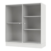 White cabinet with vertical ridged pattern and sleek design, featuring transparent glass doors and open shelves.