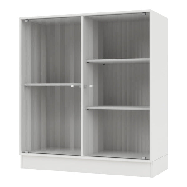 White cabinet with vertical ridged pattern and sleek design, featuring transparent glass doors and open shelves.