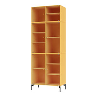 Tall, vibrant yellow bookshelf with open storage compartments and a sleek black metal base.