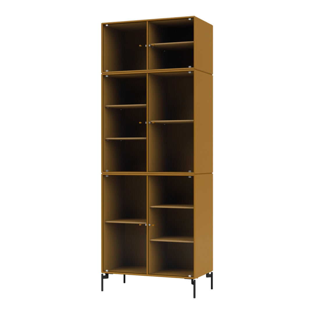 Tall bookshelf in mustard yellow with sleek black accents and modern design elements. Ideal for stylish organization.
