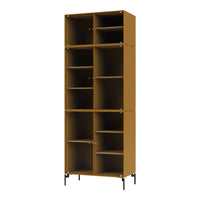 Tall bookshelf in mustard yellow with sleek black accents and modern design elements. Ideal for stylish organization.