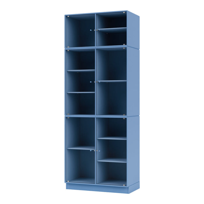Blue storage cabinet with a modern design and varied shelf configurations. Ideal for organizing any space.