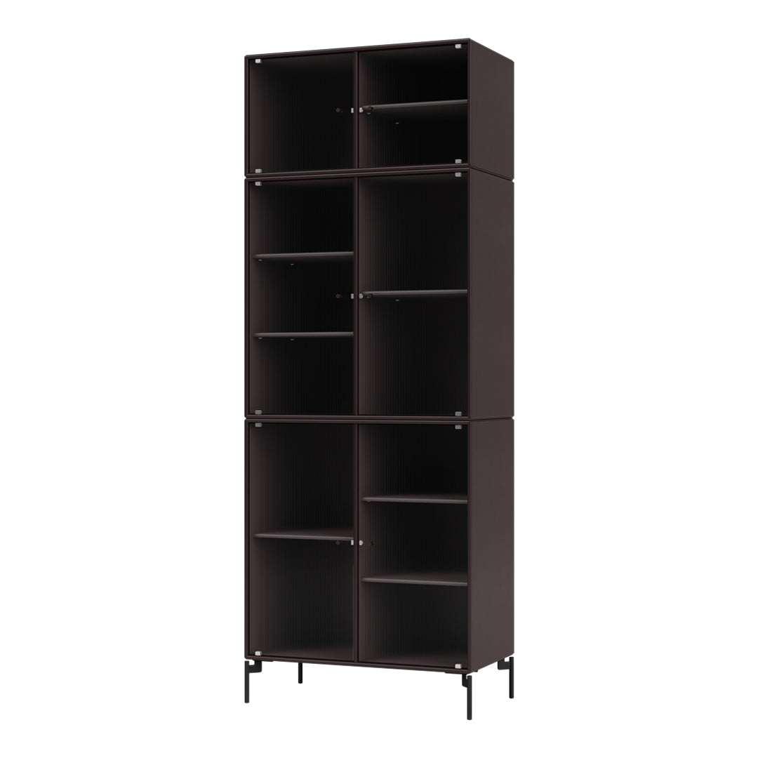 Dark brown shelving unit with vertical ribbed pattern and black metal legs. Modern and minimalist design for any space.