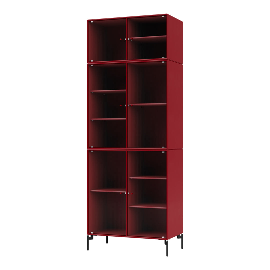 Red shelving unit with a sleek design featuring open and closed compartments, complemented by black metal legs.