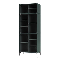 Dark green tall cabinet with ribbed texture and black metal legs, featuring open and closed shelving.