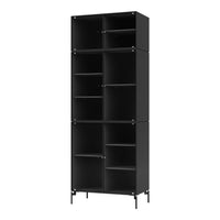 Tall black bookshelf with a sleek design and ribbed texture, featuring multiple open and closed storage compartments.