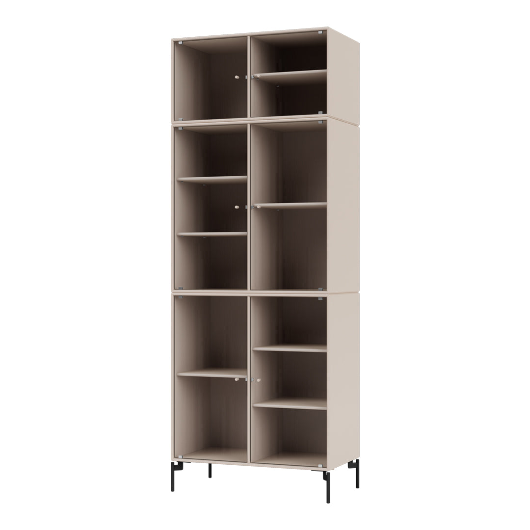 Tall storage cabinet in soft beige with sleek black metal legs and a minimalistic open shelving design.