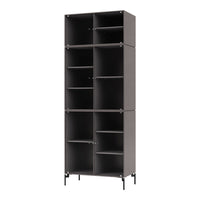 Tall black storage unit with a modern striped pattern and open shelves, perfect for organizing any space.