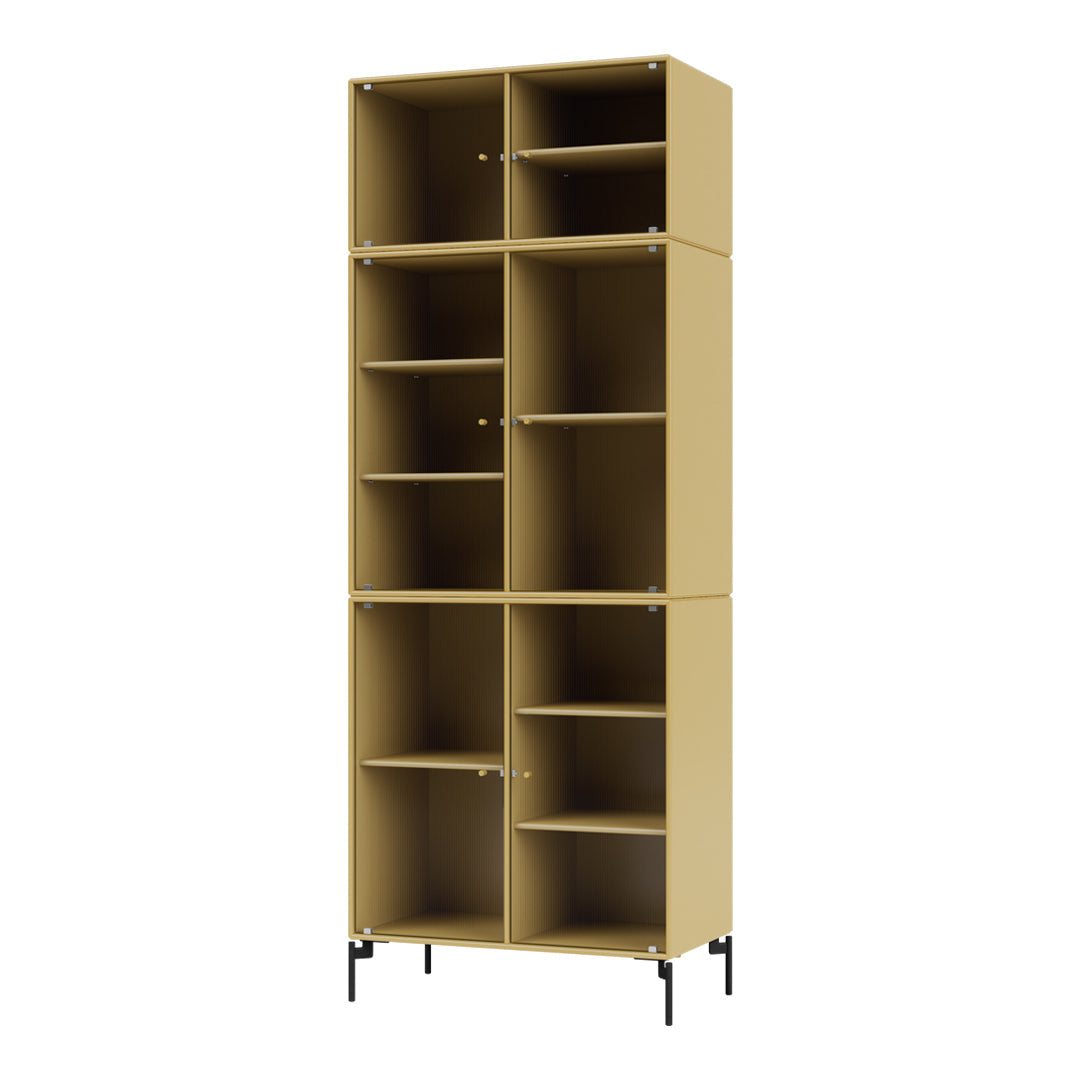 Tall, modern shelving unit in warm yellow with sleek black accents and open storage compartments. Perfect for organization.