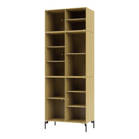 Tall, modern shelving unit in warm yellow with sleek black accents and open storage compartments. Perfect for organization.