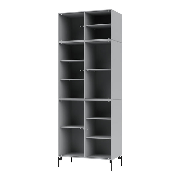 Gray modular storage unit with a sleek design featuring multiple open shelves and cubed compartments.