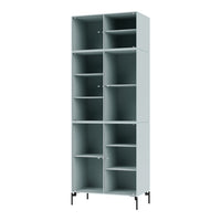 Tall light blue bookshelf with a sleek, modern design and vertical ribbed pattern, featuring open and closed compartments.