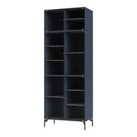 Tall navy blue shelving unit with a modern design and sleek lines, featuring a textured pattern.