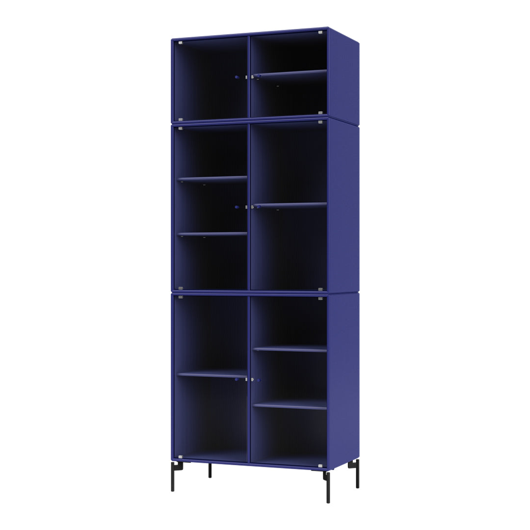 Tall storage cabinet in deep blue with a sleek design and open shelving, ideal for modern decor.