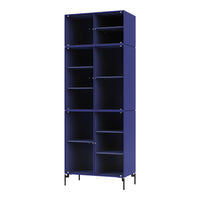 Tall storage cabinet in deep blue with a sleek design and open shelving, ideal for modern decor.