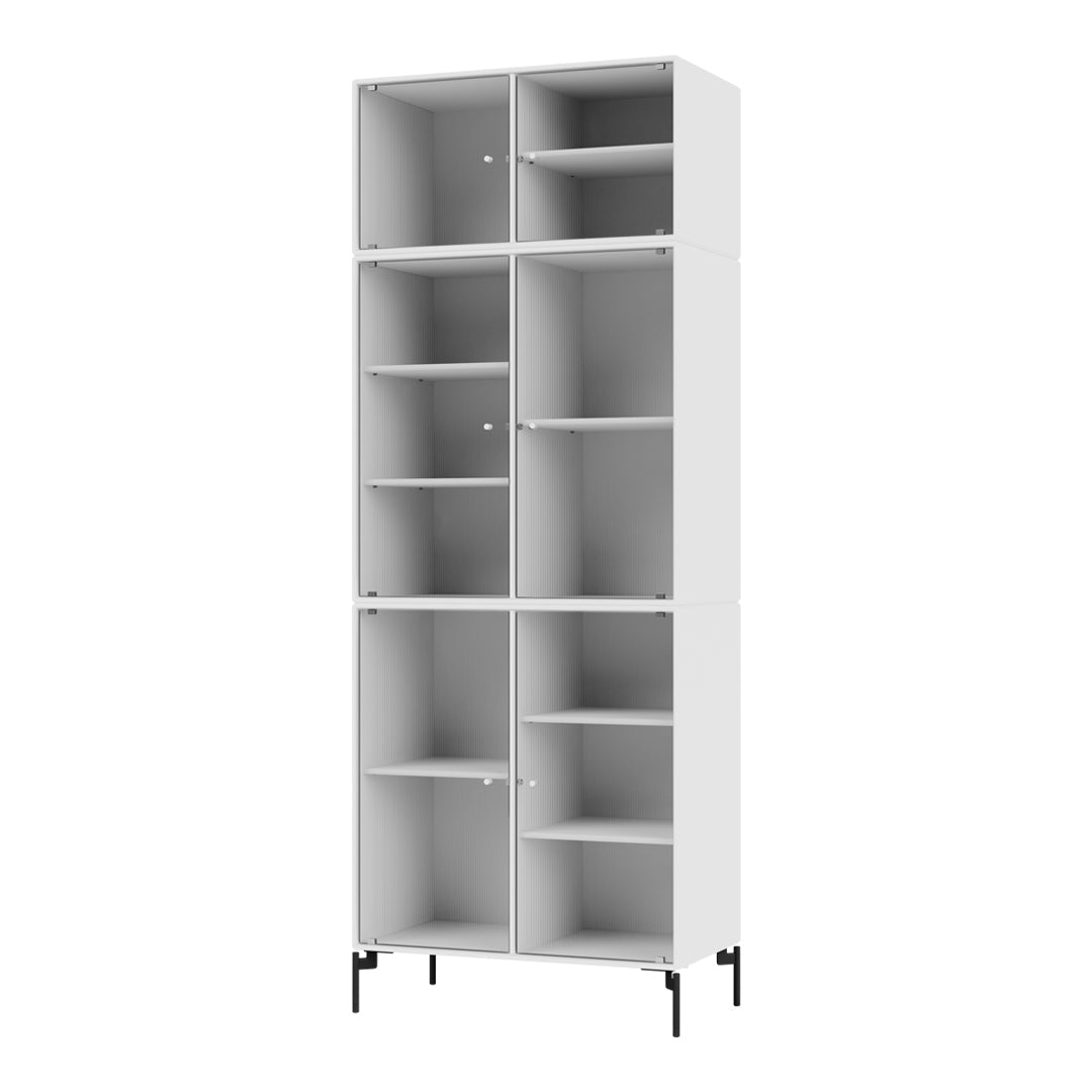 White modular cabinet with a sleek finish and minimalistic design, featuring open and closed shelving patterns.