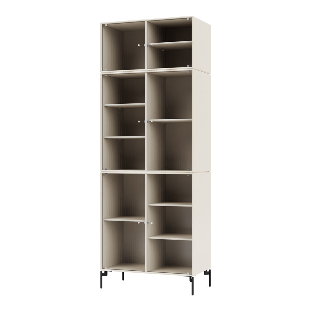 Light beige storage cabinet with vertical lines and open shelving, featuring black metal legs for modern design.