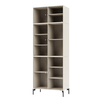 Light beige storage cabinet with vertical lines and open shelving, featuring black metal legs for modern design.