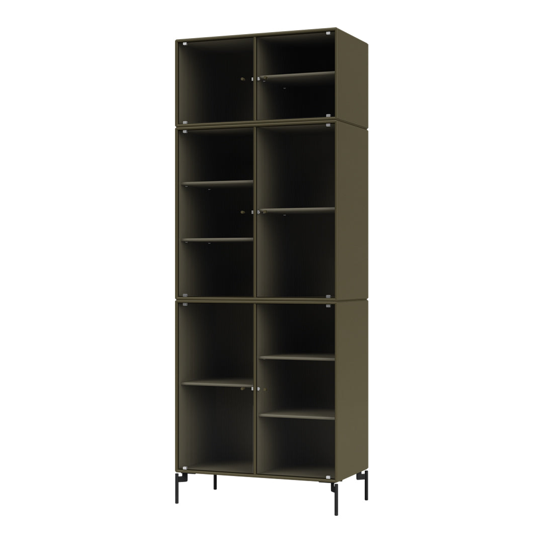 Olive green tall shelving unit with black accents and clean lines, featuring multiple open and closed storage spaces.