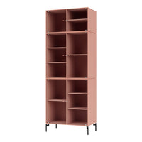 Tall bookshelf in soft blush pink with a sleek design and open shelves for versatile storage options.