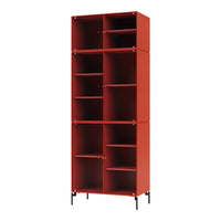 Red modular bookshelf with a sleek, modern design and black legs; features open and closed storage compartments.