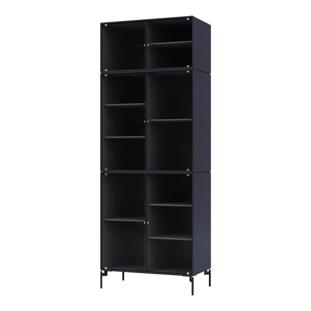 Black tall cabinet with sleek lines and subtle ribbed design, featuring a matte finish and minimalist style.