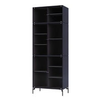 Black tall cabinet with sleek lines and subtle ribbed design, featuring a matte finish and minimalist style.