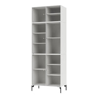 White shelving unit with sleek black metal legs and minimalistic interior for modern storage solutions.